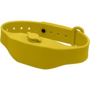 A yellow wristband hand sanitiser dispenser with an adjustable strap and a small nozzle. It features a logo.