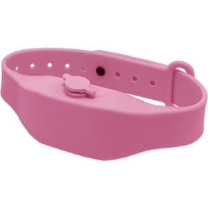A pink wristband hand sanitiser dispenser with a button mechanism and adjustable strap. It features a logo.