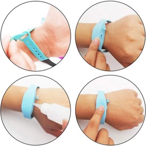 A blue wristband hand sanitiser dispenser, featuring a nozzle for dispensing sanitiser and adjustable strap for wear.