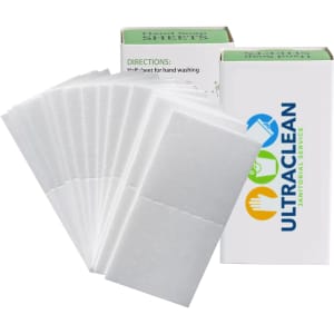A stack of white soap sheets packaged in two boxes, featuring a logo. The product offers convenient hand washing options.