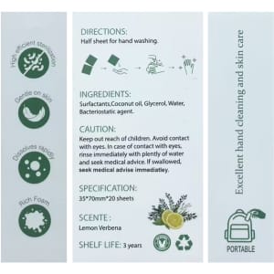 A promotional product featuring travel paper soap sheets in green packaging, with instructions and ingredient details.