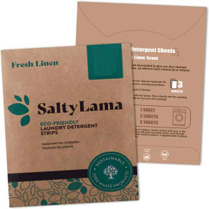 Eco-friendly laundry detergent sheets in brown packaging with green accents, featuring a logo and information on usage.
