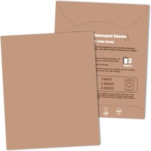 Laundry detergent sheets in a brown packaging, featuring an illustration of sheets and a logo on the back.