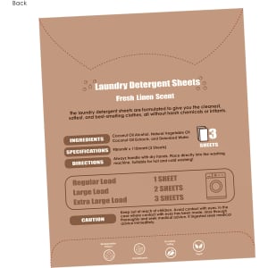 A packaging illustration featuring laundry detergent sheets in a fresh linen scent, with brown tones and a logo.