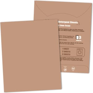 A set of brown detergent sheets product packaging with a linen scent, featuring instructions and a logo.