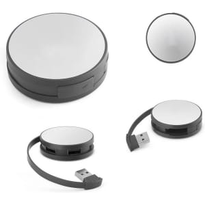 A round black and silver USB hub with two USB ports and an integrated cable for connection.