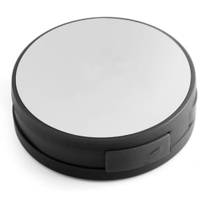 A USB hub in black with a round, smooth top and a compact design, featuring a small logo.