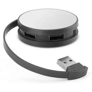 A round black USB hub with multiple ports and an attached USB cable. It features a sleek, reflective surface.