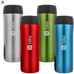 A drink bottle set featuring four travel mugs in silver, red, green, and blue, each with a black lid and logo.