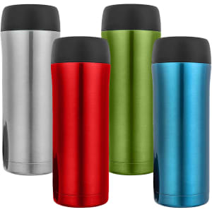 Four travel mugs in stainless steel, red, green, and blue, each featuring a black lid and a logo.