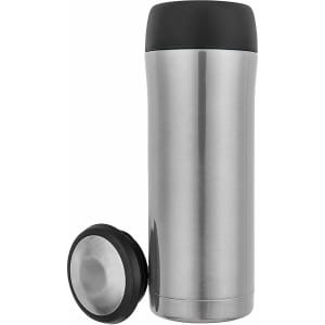 A stainless steel travel mug with a black lid, featuring a sleek design and an attached base.