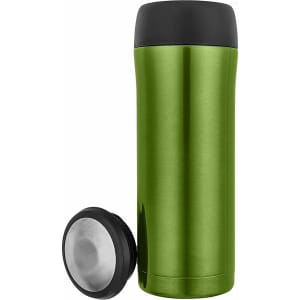 A drink bottle in a vibrant green colour with a black lid, featuring a removable base.