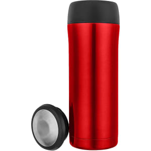 A drink bottle in bright red with a black lid and a removable bottom component. It features a logo.