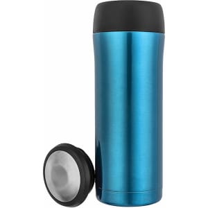 A drink bottle in vibrant blue with a black lid, featuring a sleek, metallic finish and a removable base.