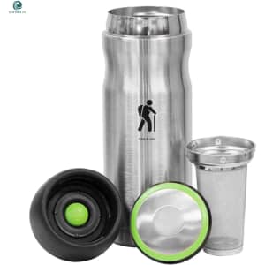 A drink bottle with a stainless steel body, featuring a black and green lid, and a detachable tea infuser.