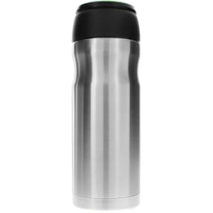 A travel mug in stainless steel with a black lid and a sleek, curved design. It features a logo.