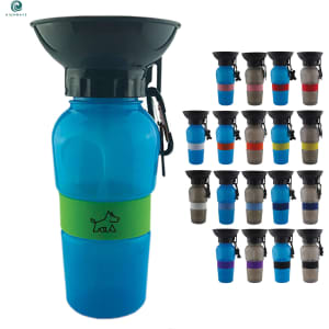 A drink bottle in blue with a green silicone band, featuring a black lid and a logo. Various colour options displayed.