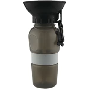 A drink bottle in grey with a black funnel and a silicone band, featuring a carabiner attachment.