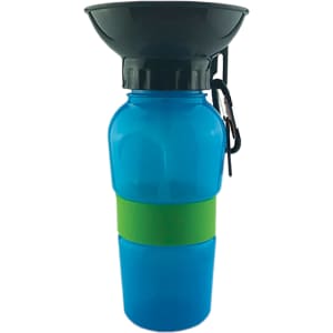 A drink bottle featuring a blue body with a green silicone band and a black cap that doubles as a bowl.