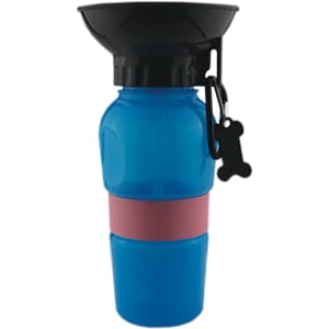 A drink bottle in blue with a pink silicone band and a black top, featuring a small bone-shaped accessory.