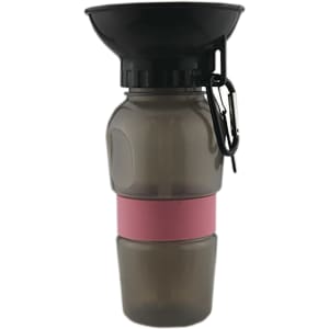 A drink bottle in grey with a black funnel and a pink silicone band, featuring a carabiner and a logo.