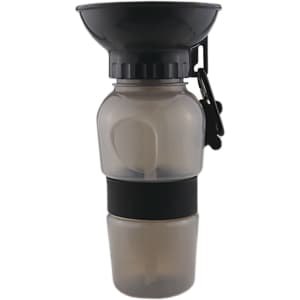 A drink bottle with a black silicone band and a funnel-shaped top, featuring a clip and a semi-transparent body.
