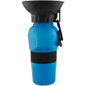 A drink bottle with a blue body, a black silicone band, and a top compartment for pouring water. Features a logo.