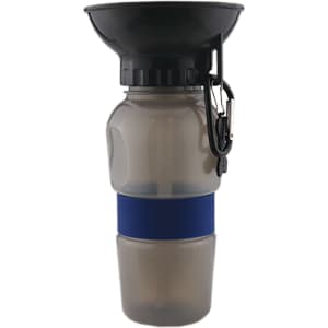 A drink bottle with a grey body, black top, and blue silicone band, featuring a carabiner clip.