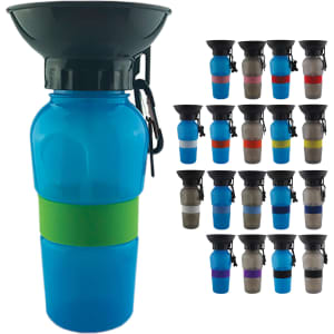 A drink bottle in blue with a black top and green silicone band, featuring various other colours nearby.