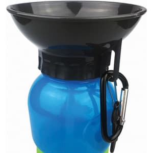 A drink bottle in blue with a black funnel top and a carabiner clip, featuring a logo.