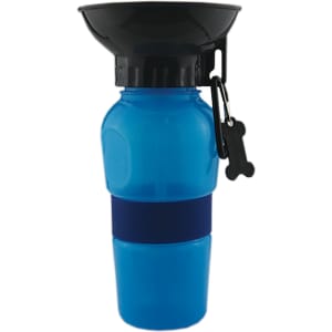 A drink bottle with a blue body and black top, featuring a silicone band and a bone-shaped carabiner.