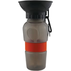 A drink bottle with a grey body, black top, and orange silicone band, featuring a built-in funnel and a clip.