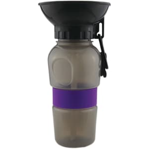 A drink bottle featuring a black funnel top, grey body, and a purple silicone band with a logo.
