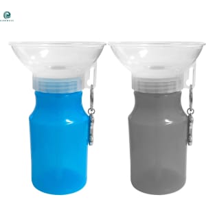 A drink bottle with a transparent funnel top, featuring a blue and a grey body, and a clip for attachment.