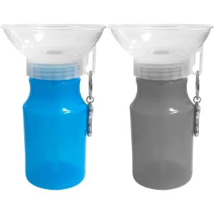 A drink bottle with a transparent funnel, in blue and grey colours, featuring a clip attachment.