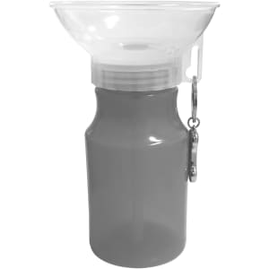 A drink bottle in grey with a clear funnel lid and a clip attached. It includes a logo.