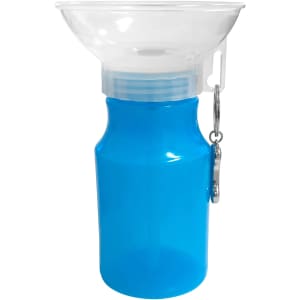 A drink bottle in a vibrant blue with a clear funnel attachment and a clip for easy carrying. It has a logo.