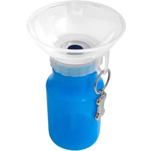A drink bottle in bright blue with a transparent funnel top and a metal keyring attached.