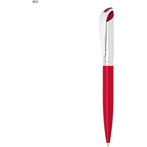 A red metal ballpoint pen with a silver clip and tip, featuring a sleek design and a logo.