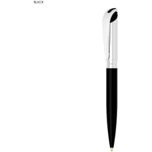 A black metal ball pen with a silver clip and trim. It features a sleek design and branding.