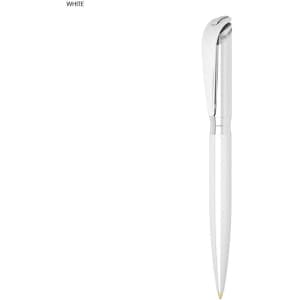 A metal ballpoint pen in white with a sleek design and a silver clip, featuring a logo.