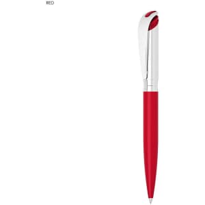 A red pen with a silver clip and tip, featuring a sleek design and a branded logo.
