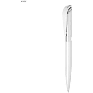 A white pencil with a glossy silver tip and clip, featuring a simple design and branding.