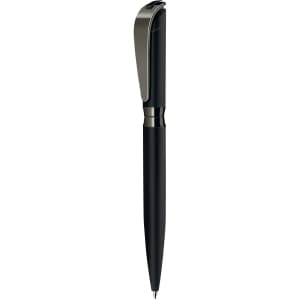 A black metal ballpoint pen with a sleek design and a clip, featuring a branding logo.