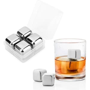 A drink bottle with whiskey cubes. The set includes four stainless steel ice cubes in a plastic case.