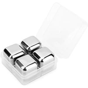 A set of four silver stainless steel ice cubes in a clear plastic case.