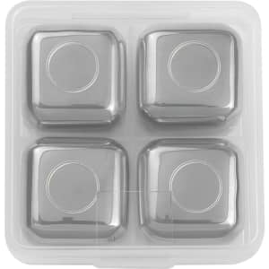 A set of four silver whiskey ice cubes in a clear plastic storage box. Each cube is square-shaped with rounded edges.
