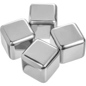 A set of four silver stainless steel ice cubes with a smooth finish, designed for chilling beverages.