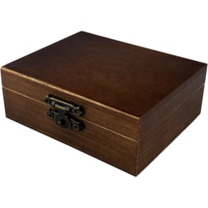 A wooden box with a dark finish, featuring a decorative clasp. The box is rectangular and has a polished appearance.