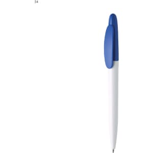 A plastic pen with a white barrel and a blue cap. It features a branding logo.